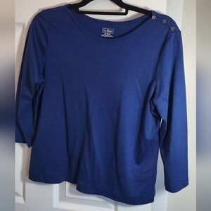 LL Bean 100% cotton womens M 3/4 length t-shirt cobalt blue boat button shoulder